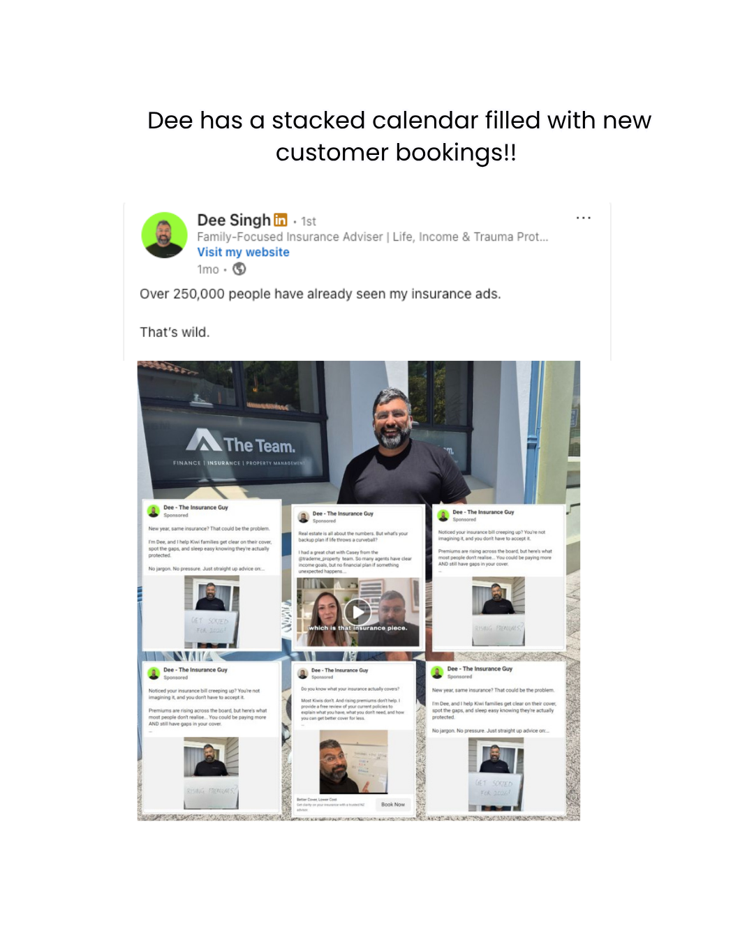 Dee Singh: stacked calendar, 250k people reached